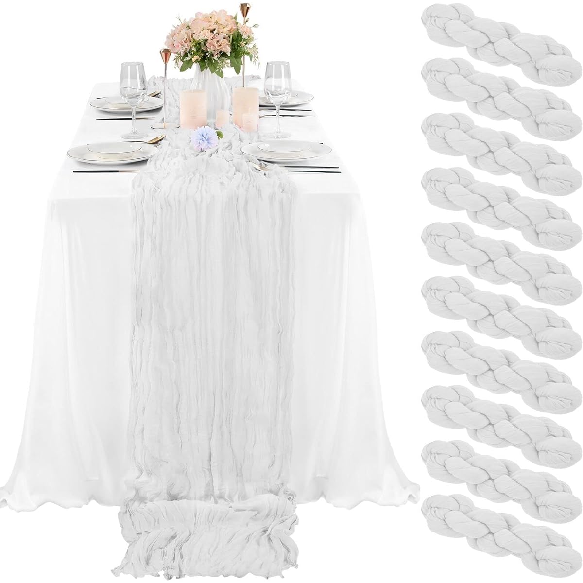 REWOMC 10 Pcs White Cheesecloth Table Runner 10FT, Gauze Cheese Cloth for Wedding Reception Rustic Sheer Bridal Shower Birthday Party Boho Table Decoration, Romantic Wedding Runner