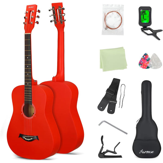 Asmuse 38" Acoustic Guitar Kit - Full Size Classical Acoustic Guitar 6 String with Gig Bag, Tuner, Picks, Straps and Accessories for Beginners, Adults and Teens (Red)