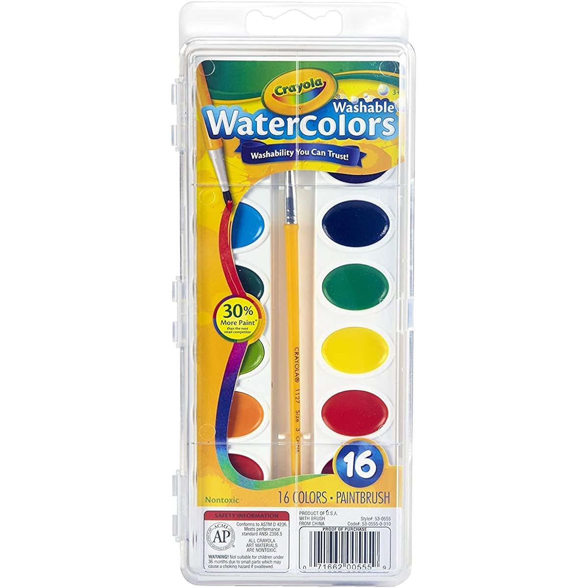 Crayola Bulk Washable Watercolor Paints 16 Colors/Pack 53-0555 (3 Pack)