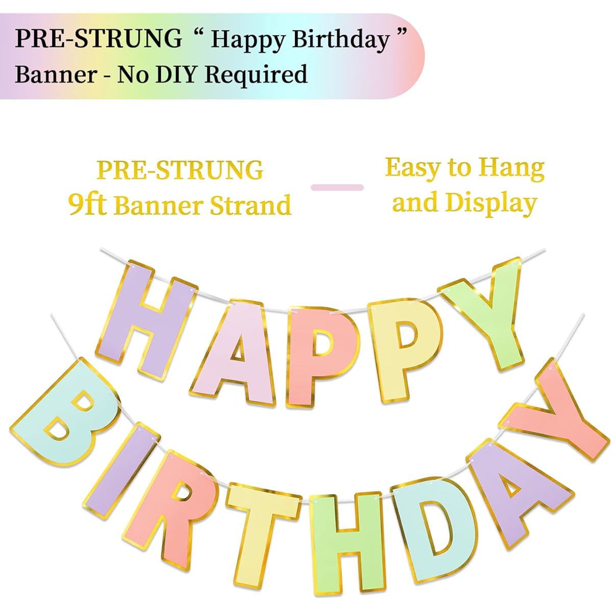 LITAUS Pastel Happy Birthday Banner - Pre-strung 9ft No DIY Required | Birthday Decorations | Birthday Decor | Birthday Sign | Birthday Decor Backdrop | Birthday Banner | Pastel Birthday