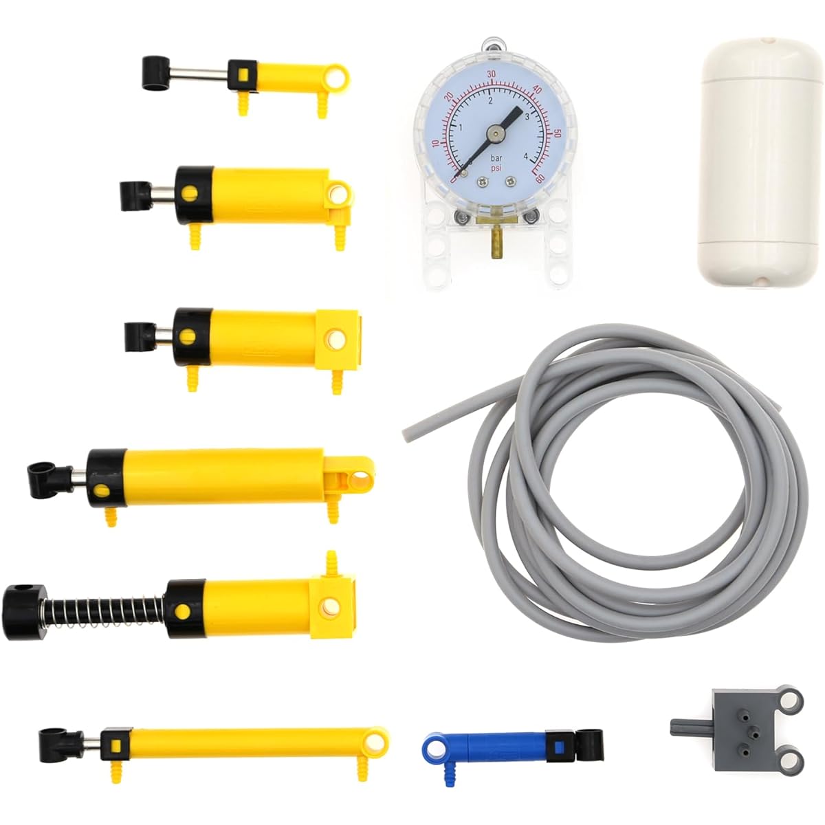 Habow 11pcs Technic Pneumatic Cylinder Kit is compatible with LEGO pneumatic Technic parts, barometer, air tank, cylinder, air pump, pressure rod, switch, piston, hose, etc. Can be used as replacement parts for MOC.