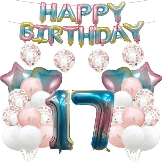 17th Birthday Balloons 17th Birthday Decorations Rainbow Balloons 17th Birthday Party Supplies Number 17 Foil Mylar Balloons Latex Balloons Gifts for Girls Boys Women Men