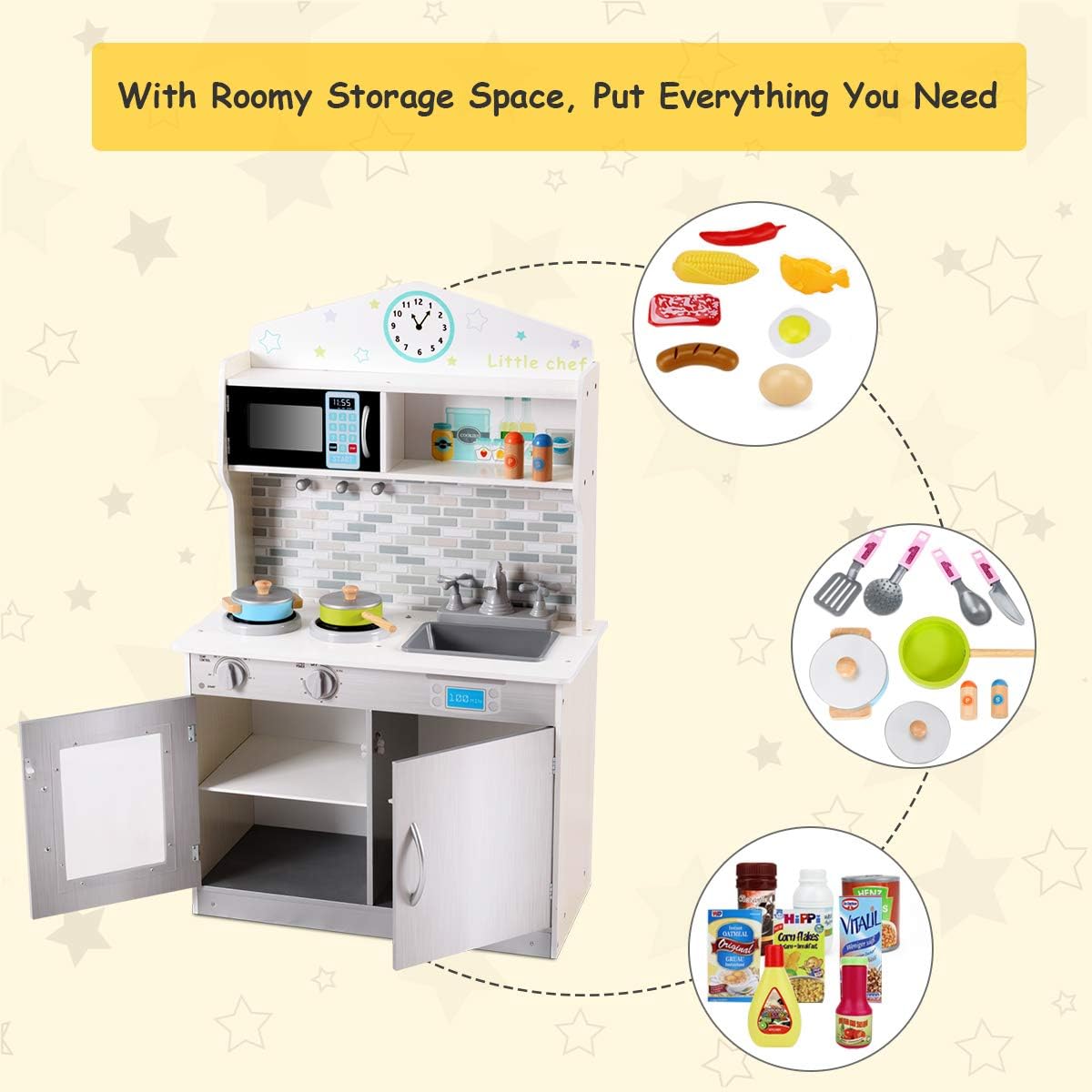Costzon Kids Kitchen Playset Wooden Cookware Pretend Play Cooking Food Set Gift Toy for Toddlers 37.5" Height Silver FWAM-01736