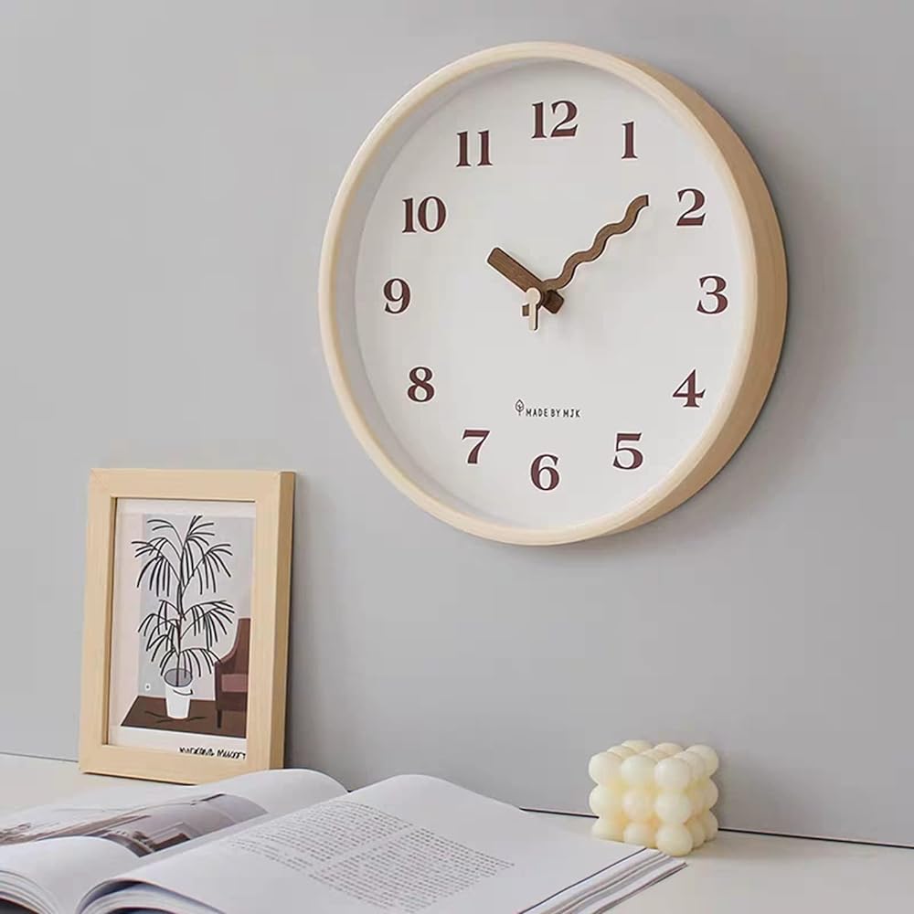 §BOMU-TECH∞BOMU Wall Clock, Natural, Wooden Frame, Scandinavian Design, Stylish, Popular, Quiet, Wall Clock, Round, Continuous Second Hand, Creative Wave Shape, Solid Wood Hand, Capital Letters, Easy to Read, Living Room Interior, Housewarming Gift (12 i