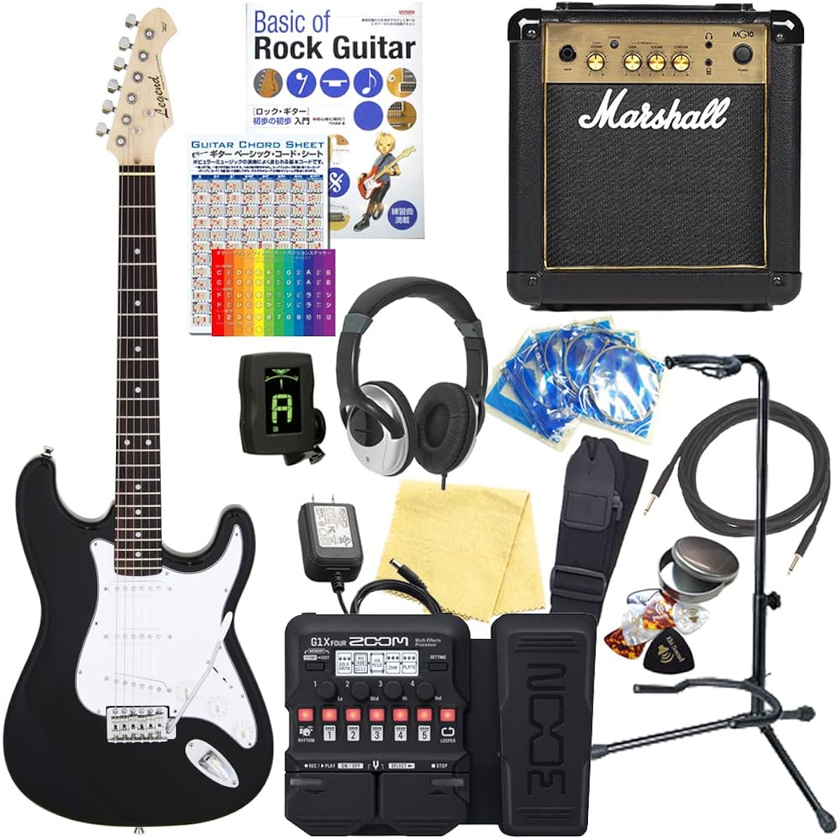 Electric guitar beginner set Stratocaster type 18-piece set with Marshall amp Legend LST-Z BK [ZOOM G1XFour multi-effector included]