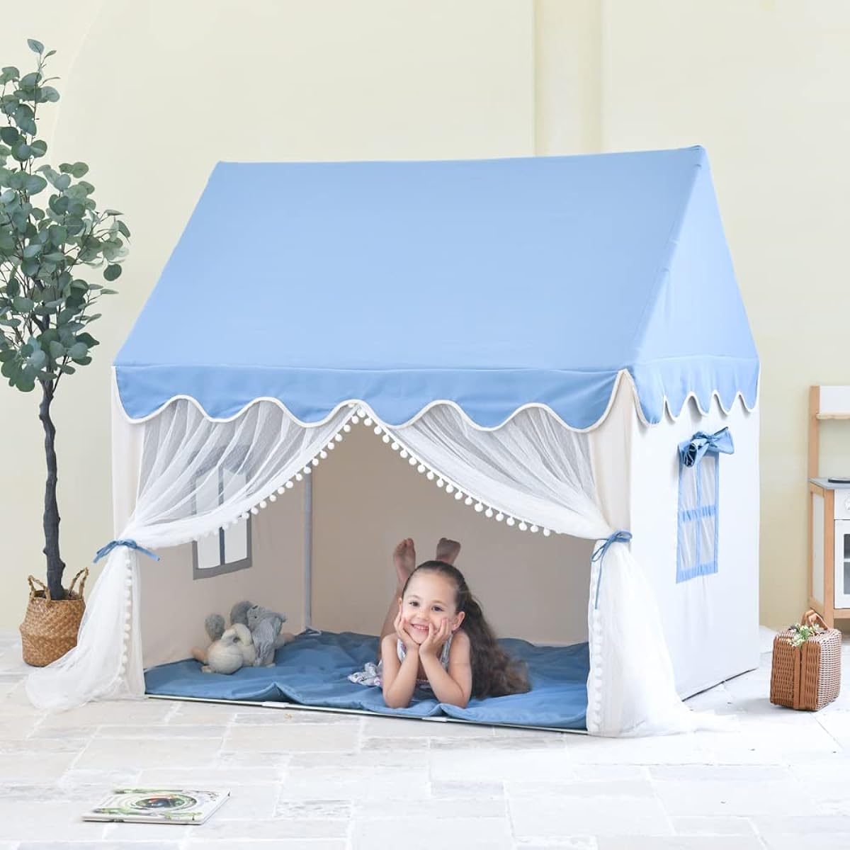 Kids Play Tent Large Fairy Kids Tent Indoor for Girls Boys Toddlers Playhouse Tent Castle with Lace Curtains and Windows for Game Party Decorations (Blue)