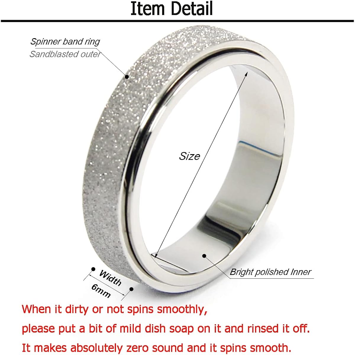 Anti Anxiety Fidget Spinner Band Ring for Men Women 6mm Width Sizes 6-10 Titanium Stainless Steel Black Gold Silver Rose Gold Color Smooth Polished Inside Sandblasted Outside