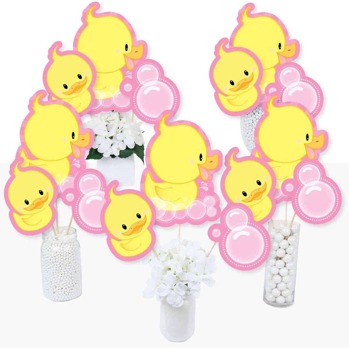 Pink Ducky Duck Baby Shower or Birthday Party Centerpiece Stick Table Topper Set of 15
