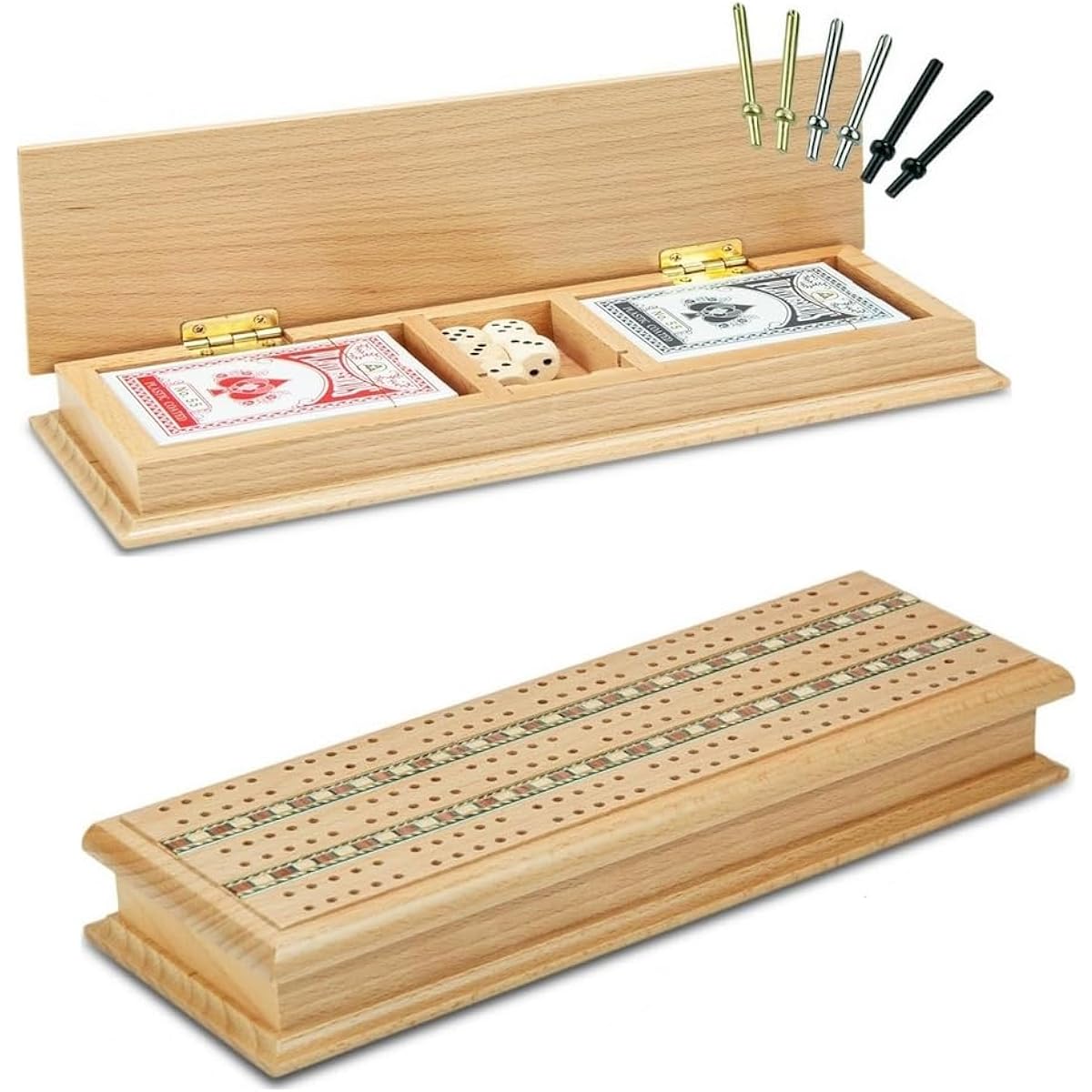 Tradeopia 3 Track Deluxe Wooden Cribbage Board with Metal Pegs and 2 Decks of Playing Cards Portable Cribbage Set Compact Cribbage Set Cribbage Board Game Set 3 Track Cribbage Board