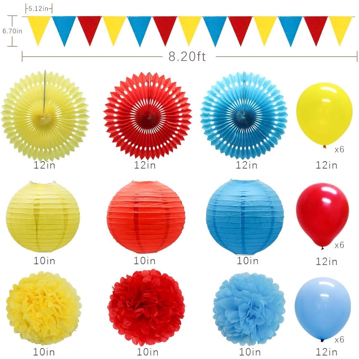 Meiduo Red Yellow Blue Circus Paw Patrol Party Decorations Hanging Paper Fans Lanterns Flower Pom Poms Felt Pennants Balloons for Snow White Princess Party Spiderman Superhero Theme Birthday