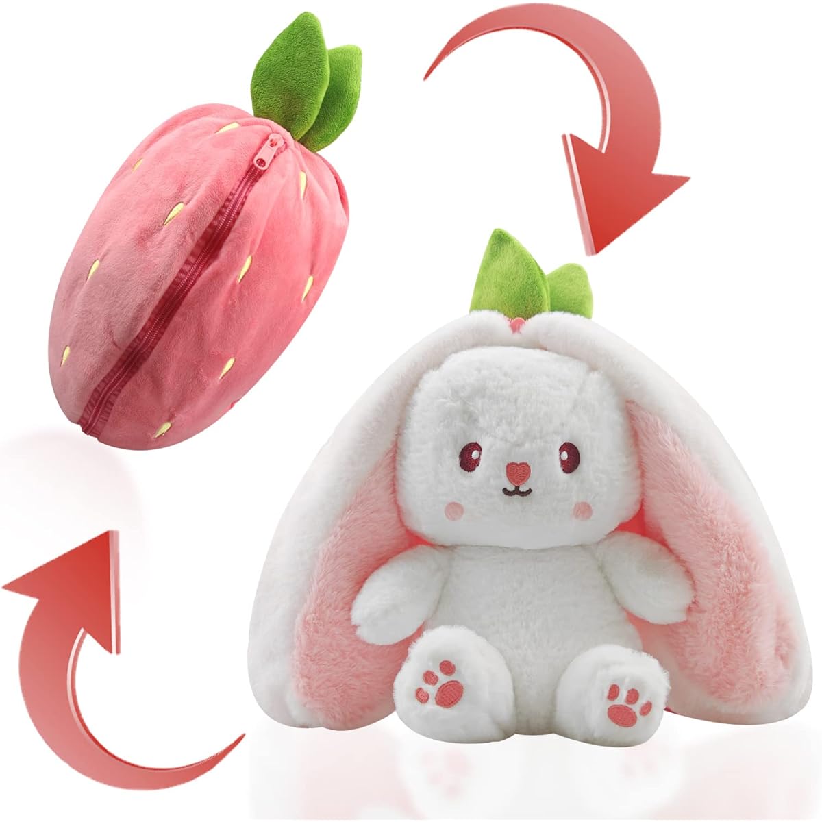 OSQI Reversible Bunny Plush - Carrot Strawberry Plush with Zipper - Soft and Adorable Rabbit Toy Pillow for Kids and Adults, Easter Gift and Decor