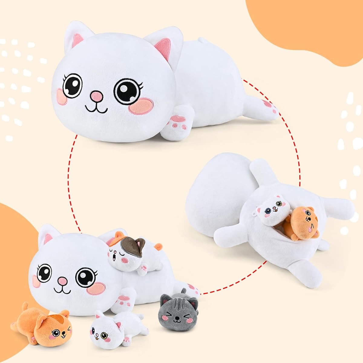 KMUYSL Cat Plush Toy for Ages 3 4 5 6 7 8+ Kids - Mama Cat with 4 Kittens in Her Tummy, Christmas Birthday Gift for Babies, Toddlers, Girls, Boys