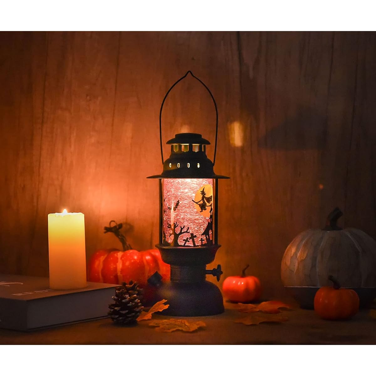 Lvydec Halloween Snow Globe Lantern with Lights Battery Operated Swirl Water Glitter Globe Lantern for Holiday Home Decorations (Purple)