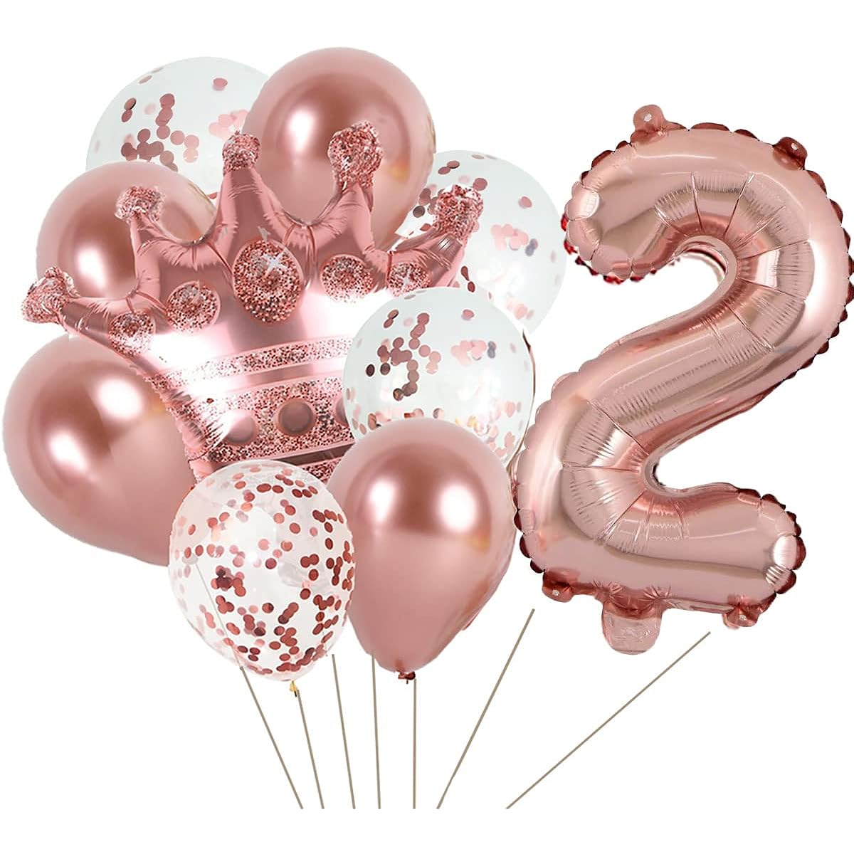 KUNGOON 2nd Birthday Balloons Rose Gold Number 2 Mylar Balloons Fun 2nd Birthday Crown Aluminum Foil Balloons for Baby Girls
