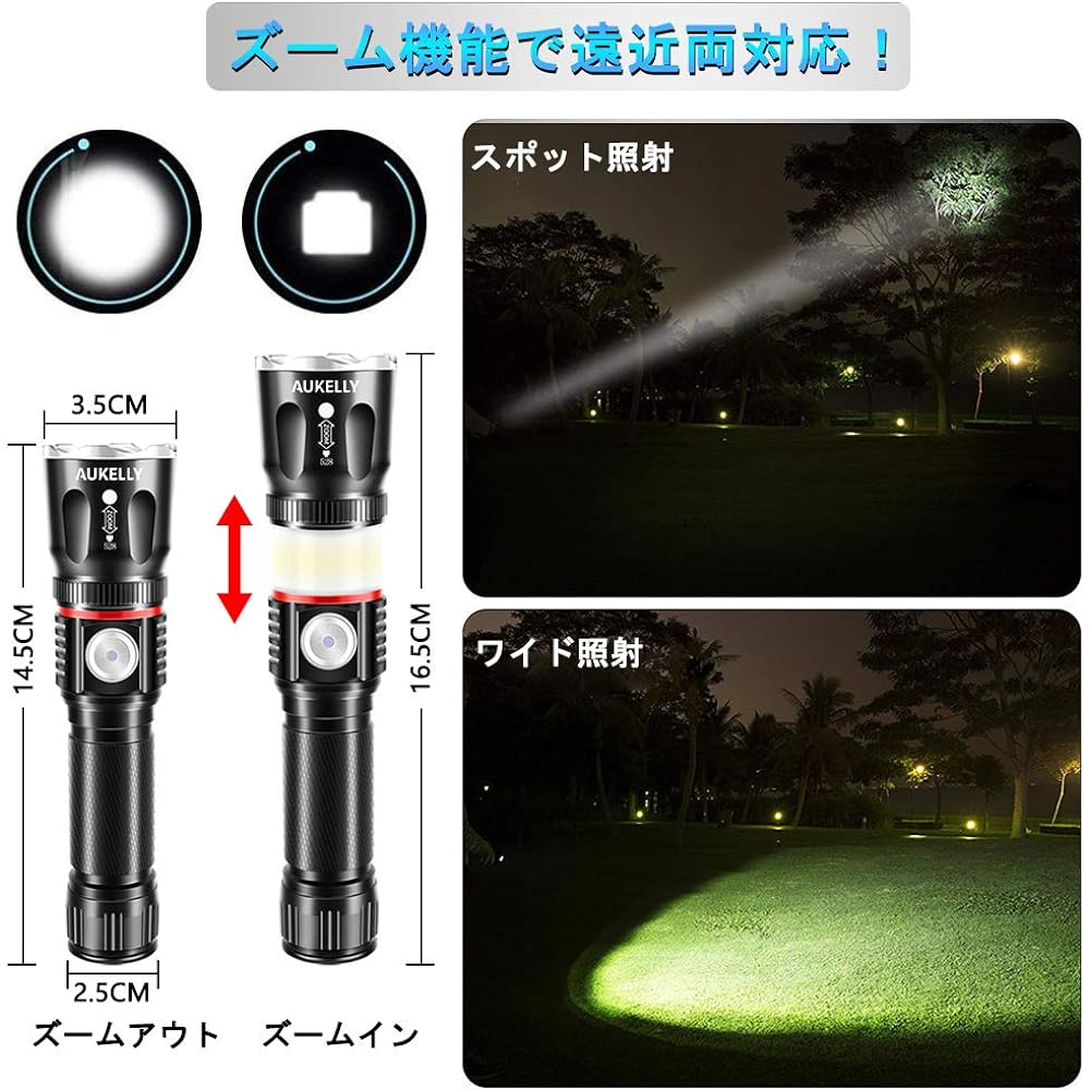 LED Flashlight Rechargeable Powerful LED Handy Light USB Rechargeable Flashlight Magnet High Brightness 4 Modes Battery Level Waterproof Function Power Outage Disaster Prevention Military Camping Outdoor Night Fishing [Flashlight & Lantern 2in1]