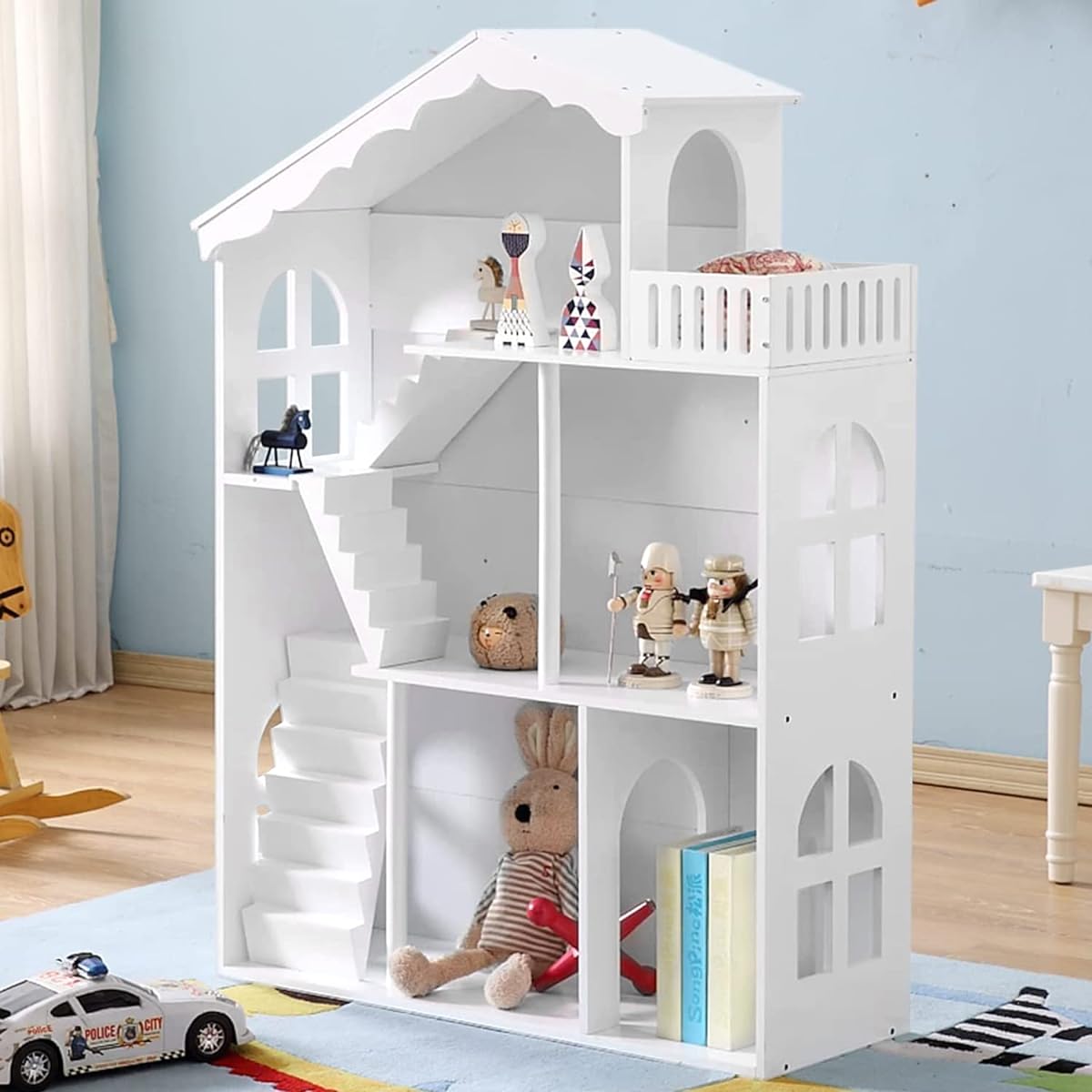 HILIROOM HILIROOM Dollhouse Bookshelf with Stairs and Balcony Kids Wooden Bookshelf 3 Tiers Kids Toy Shelf Large Storage 32.6" x 12" x 45" (White)
