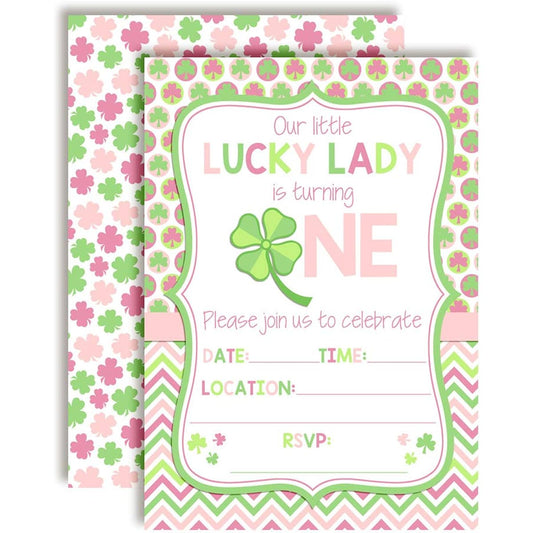 AmandaCreation Lucky Lady First Birthday Clover St. Patrick's Day Party Invitations for Girls 5"x7" Includes 20 Cards and 20 White Envelopes