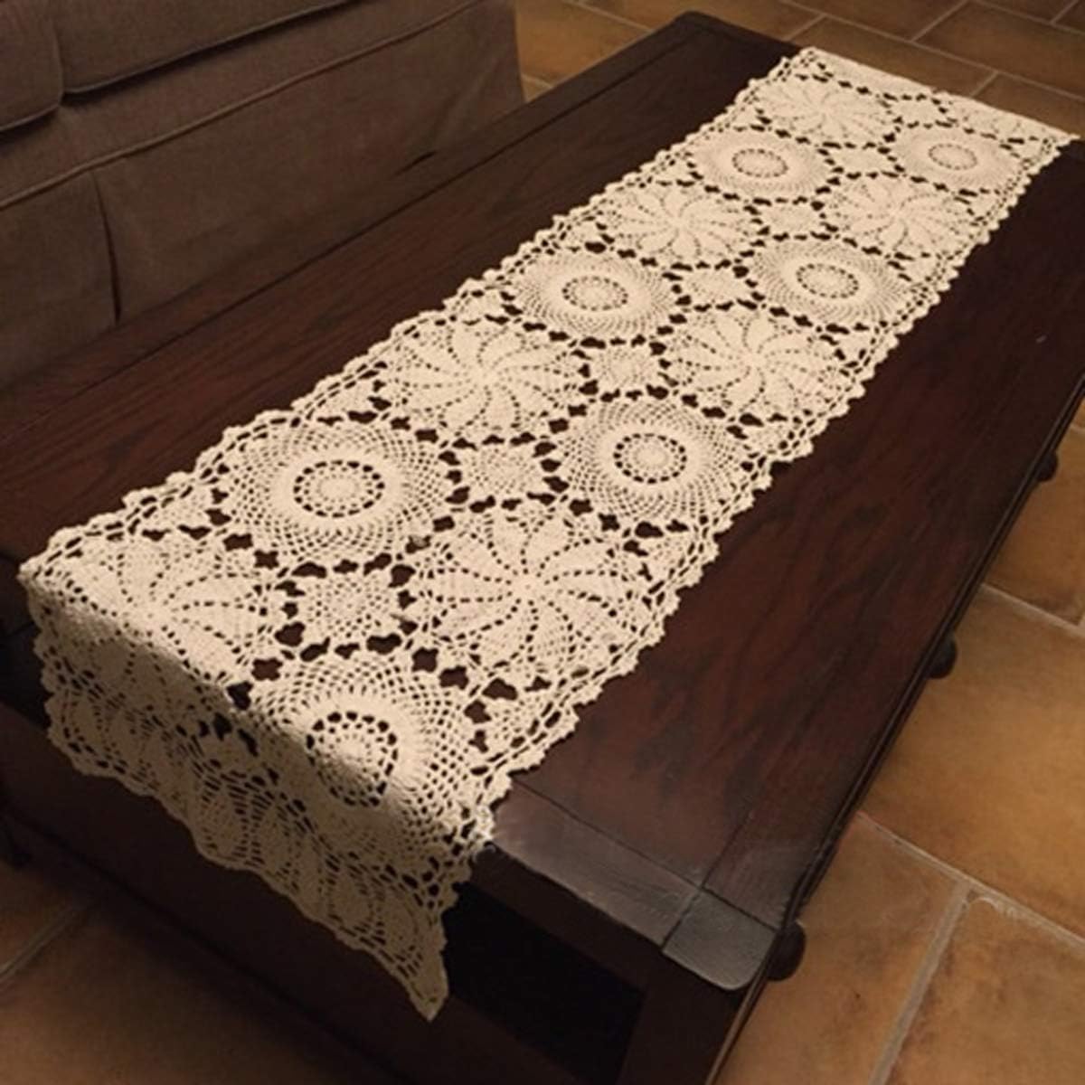 Damanni 16" x 31" Rectangle Cotton Handmade Crochet Lace Table Runner Doily Dresser Scarf (Beige, 16x63 Inch, TR00007B-16X63)