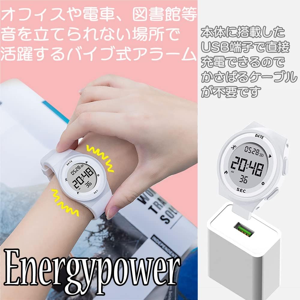 EnergyPower GX301 Alarm Watch with USB Charging Vibration IP68 Waterproof and Dustproof Smart Watch Sports Watch Backlight Silent Alarm Clock Stopwatch Calendar Pedometer Walking Distance Calories Burned Display Rubber Band Lifelog 60 Days Long Battery L