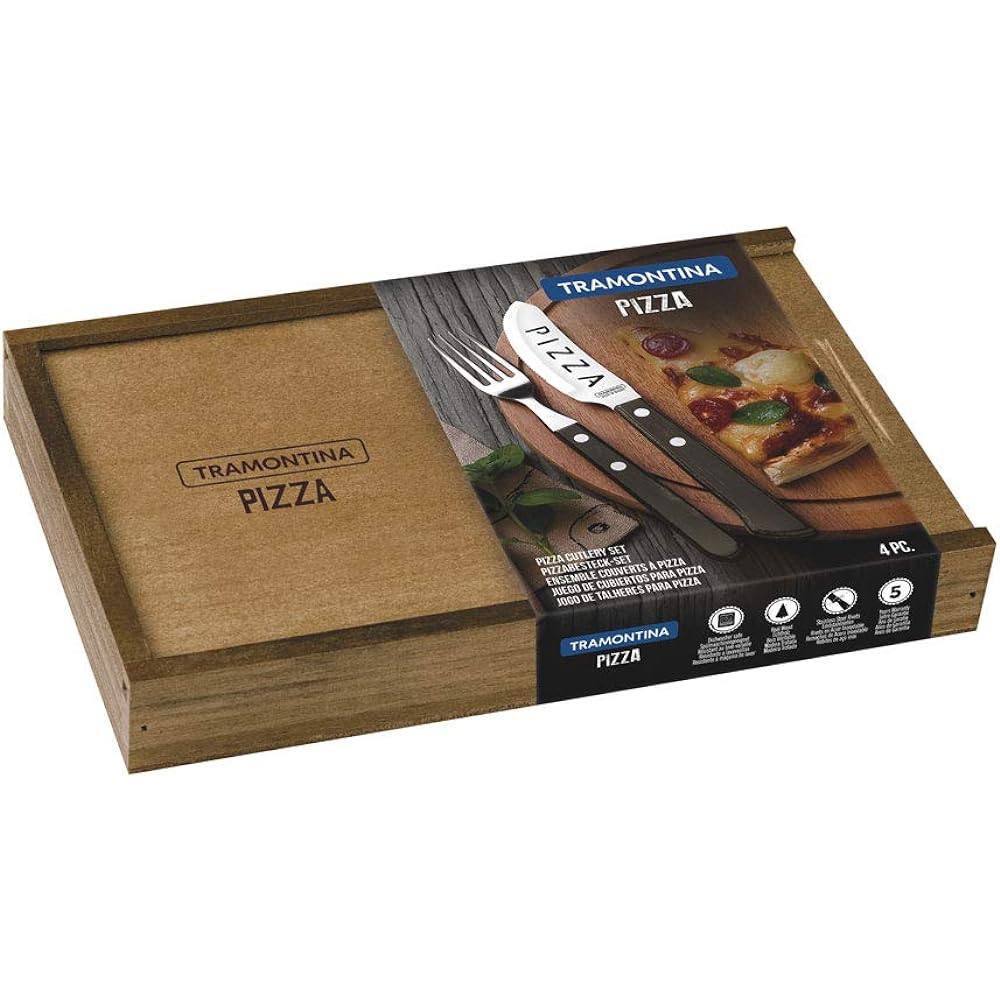 Tramontina Polywood Heavy duty natural wood handle pizza table knife 21cm & table fork 21cm Set of 4, wooden box, wooden handle that can be washed in the dishwasher, strong against impact, perfect for commercial use, dishwasher safe, Respect for the Aged