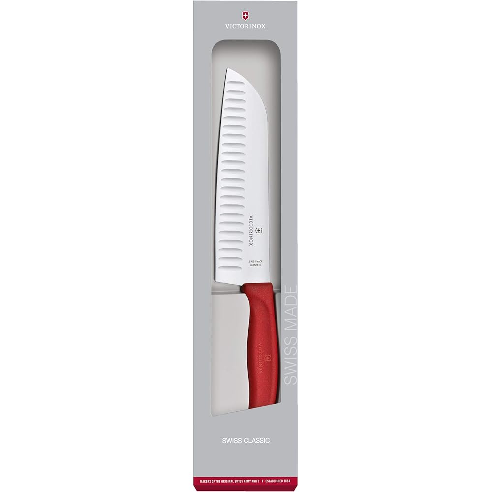 VICTORINOX Santoku Knife Professional Stainless Steel All-Purpose Knife 17cm Grooved Red Versatile Knife for All Cooking Dishwasher Safe Swiss Classic 6.8521.17G
