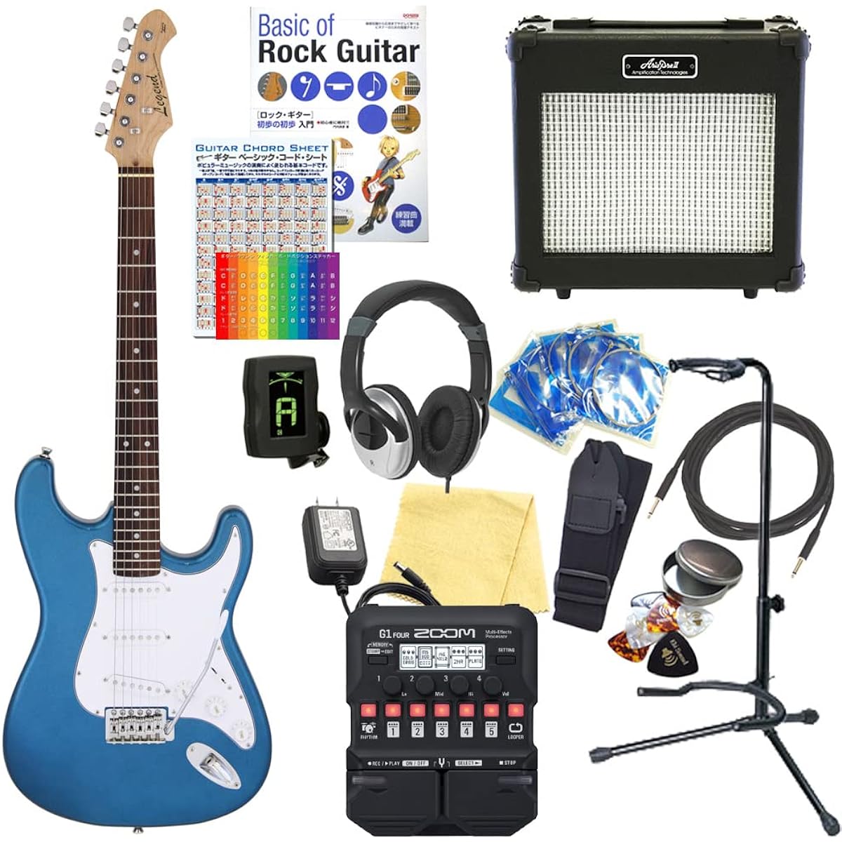 Electric Guitar Beginner Set Stratocaster Type 18-piece Set Legend LST-Z MBL [ZOOM G1Four Multi-Effector Included]