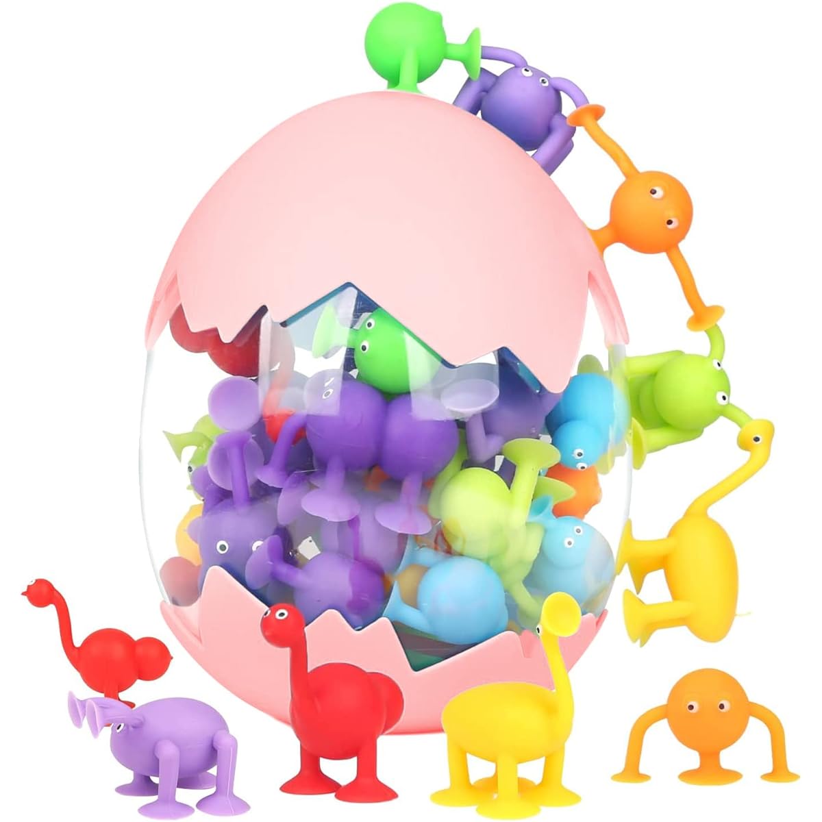 40pcs Suction Cup Toys for Kids Bath Toys Ages 3+ Sensory Toys Stress Relief Toys Travel Toys Suction Toys Silicone Animal Suction Toys with Dinosaur Eggshell Storage Pink