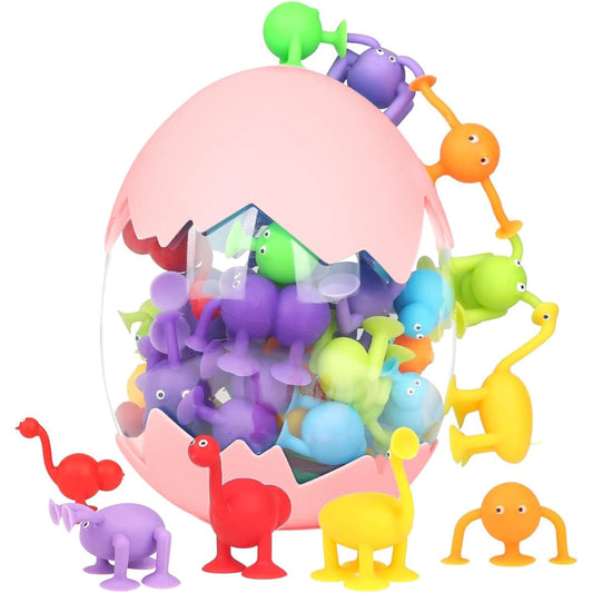 40pcs Suction Cup Toys for Kids Bath Toys Ages 3+ Sensory Toys Stress Relief Toys Travel Toys Suction Toys Silicone Animal Suction Toys with Dinosaur Eggshell Storage Pink