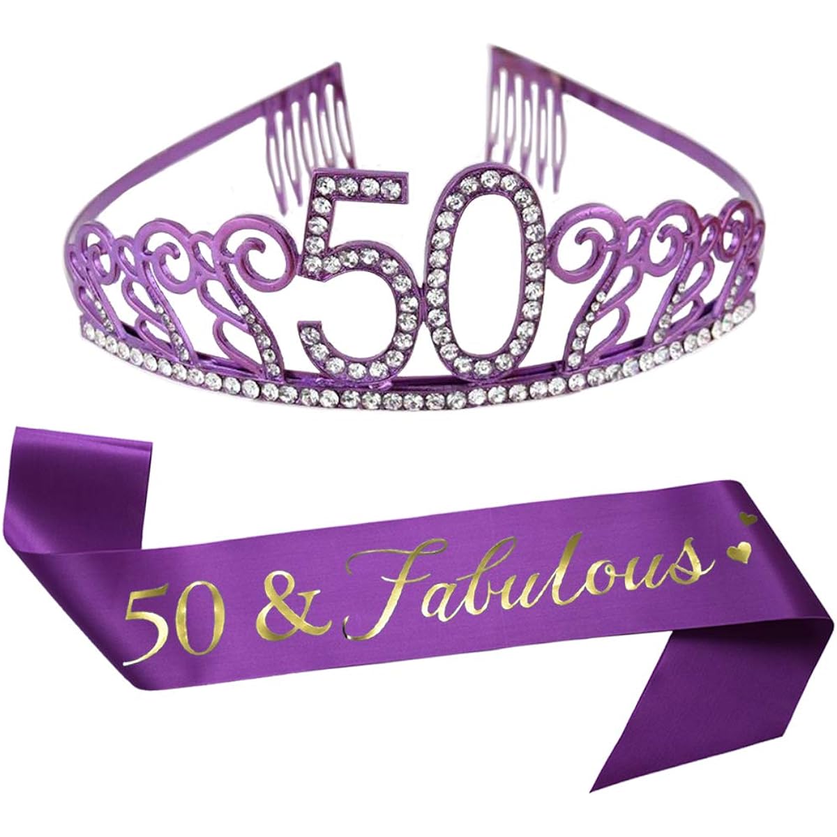 50th Birthday Purple Tiara and Sash Purple Glitter Sash Crystal Rhinestone Tiara Crown 50th Birthday Party Supplies Favors Cake Topper