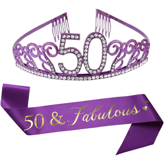 50th Birthday Purple Tiara and Sash Purple Glitter Sash Crystal Rhinestone Tiara Crown 50th Birthday Party Supplies Favors Cake Topper