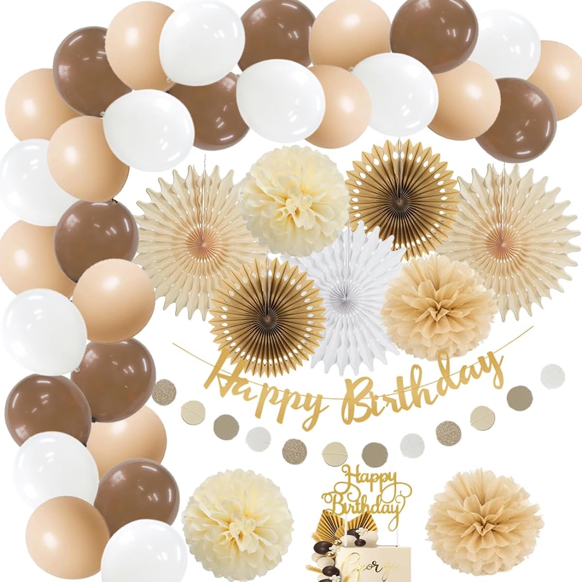 Brown Birthday Decorations for Women Rustic Neutral Balloon Garland Kit Boho Birthday Decorations Girl Brown and Cream Paper Fans Floral Party Decor Happy Birthday Banner Cake Topper Gold