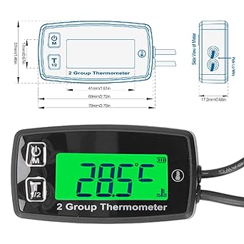 DOQN Engine Temperature Gauge, LCD Tachometer Heat Resistant Dual Channel, Green Backlight for Motorcycle, Boat ATV