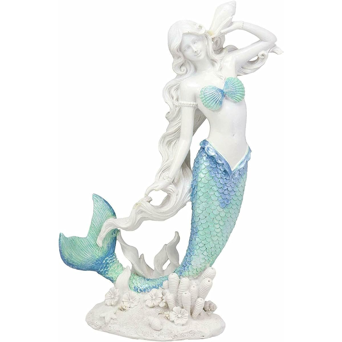 Ebros Gift Large Nautical Capiz Blue Tail Mermaid Ariel White Coral Rock Seaside Decoration Accent (Appreciation to Conch Shell)