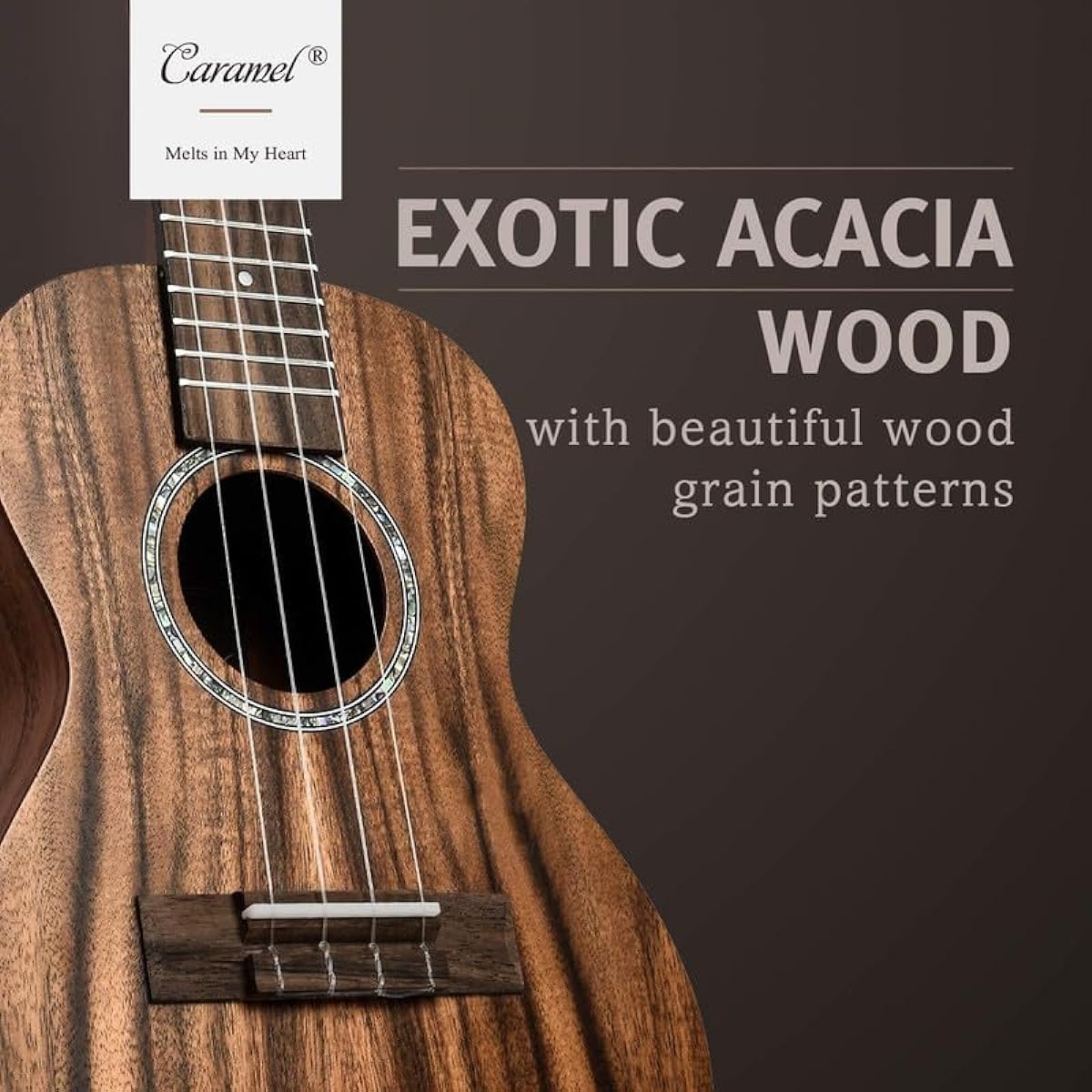 Caramel Concert Ukulele CC207-23" KOA Acacia Wood Ukulele for Adults Beginner Kit with Carbon Strings, Digital Tuner and Strap