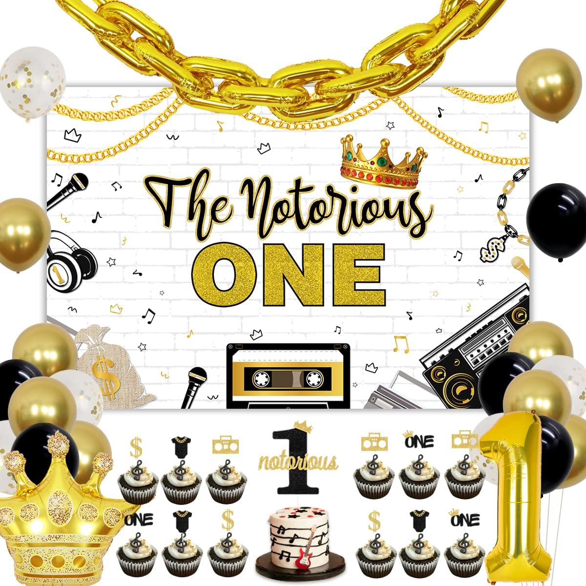 Notorious One Birthday Decorations for Boys the Notorious One Birthday Backdrop Notorious Swan Cake Cupcake Topper with Gold Chain Balloon Garland Hip Hop Big One 1st Birthday Party Decorations