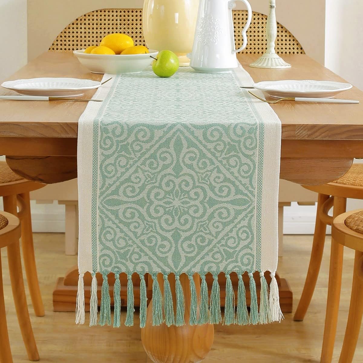 HomeyHo Floral Farmhouse Coffee Table Runner Living Room Wedding Party Dinner Table Runner with Fringe Rectangle Non-Slip Long Table Runner for Kitchen 13 x 90 Inch Yellow Glint Green