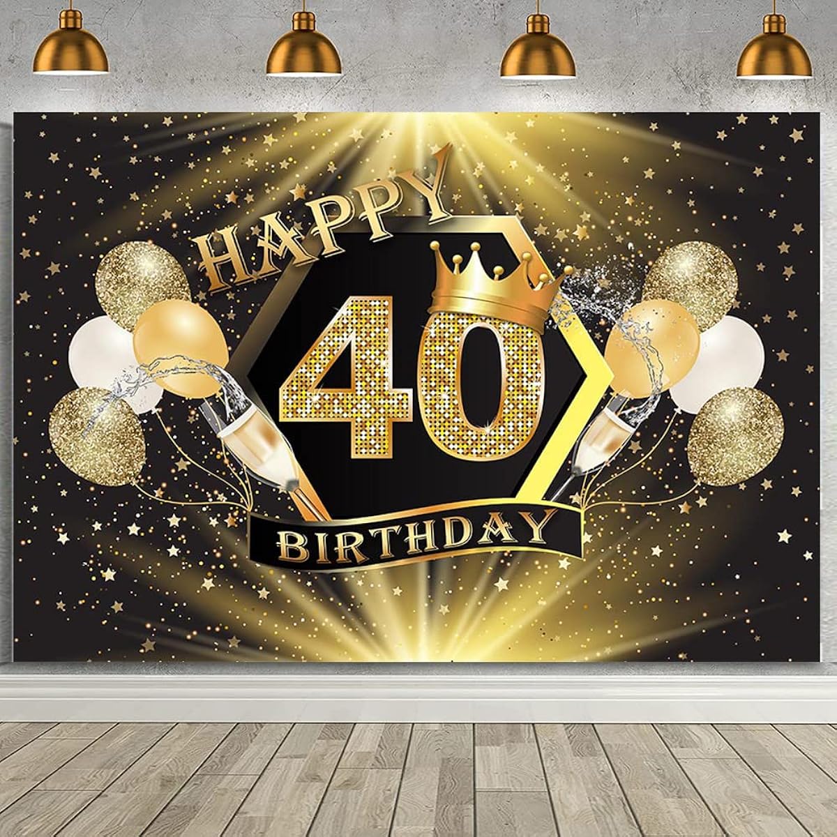AIBIIN 40th Birthday Backdrop Banner for Women Men Black and Gold Birthday Backdrop Glitter Gold Balloons Photo Background 40th Birthday Decorations Banner Party Supplies Vinyl 7x5ft