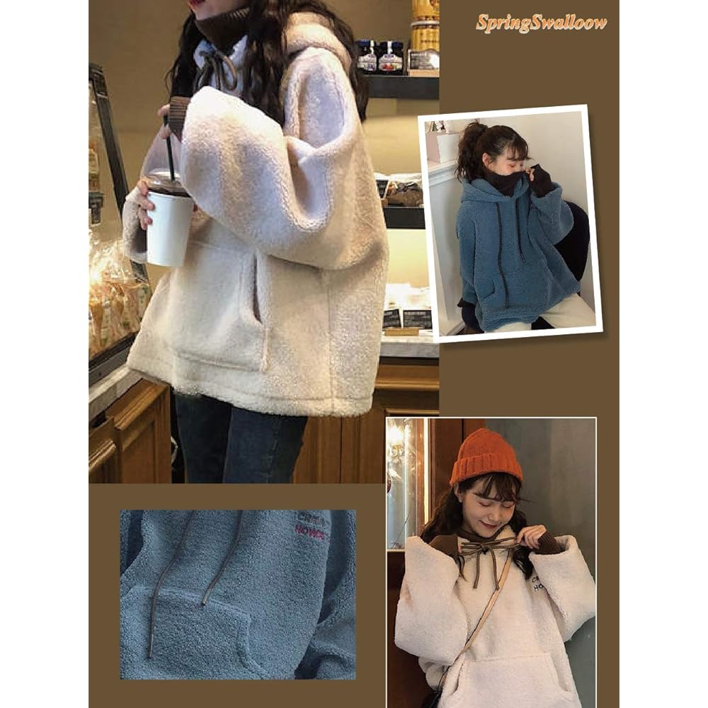 [SpringSwallow] Women's Pullover Loose Hooded Parka Fleece Warm Bottle Neck Cold Protection Sweatshirt