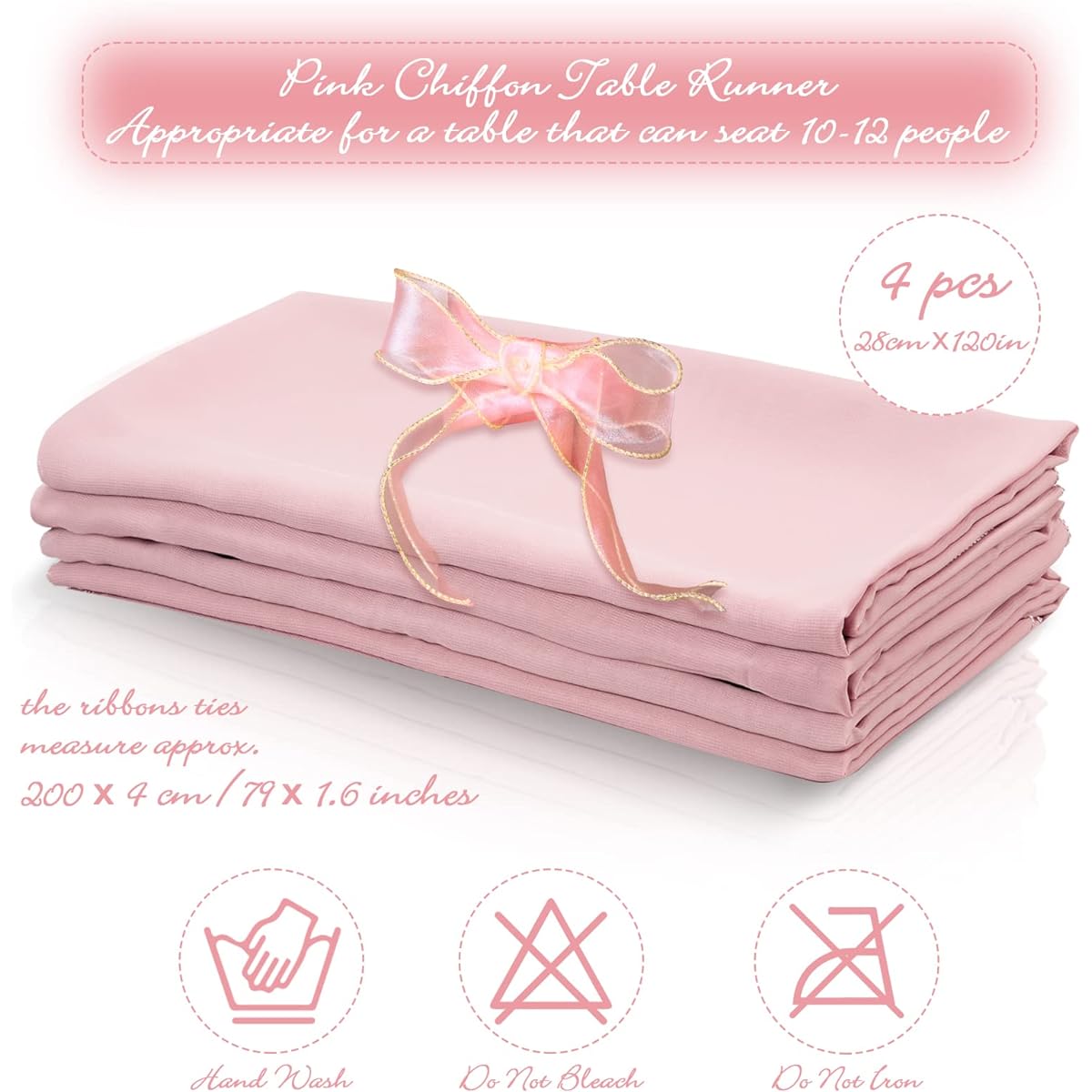 10ft Chiffon Table Runner 28 x 120 Inch Brushed Sheer Table Runner Romantic Rustic Boho Wedding Decoration Shower Birthday Party Cake Table Decoration with Ribbon Ties (Pink, 16)