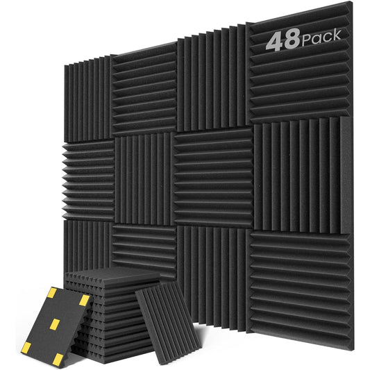 48 Pack Acoustic Panels 1" x 12" x 12" Quick Recovery Soundproofing Foam Panels Acoustic Foam Wedges High Density Soundproofing Wall Panels for Home Studio Carbon Black