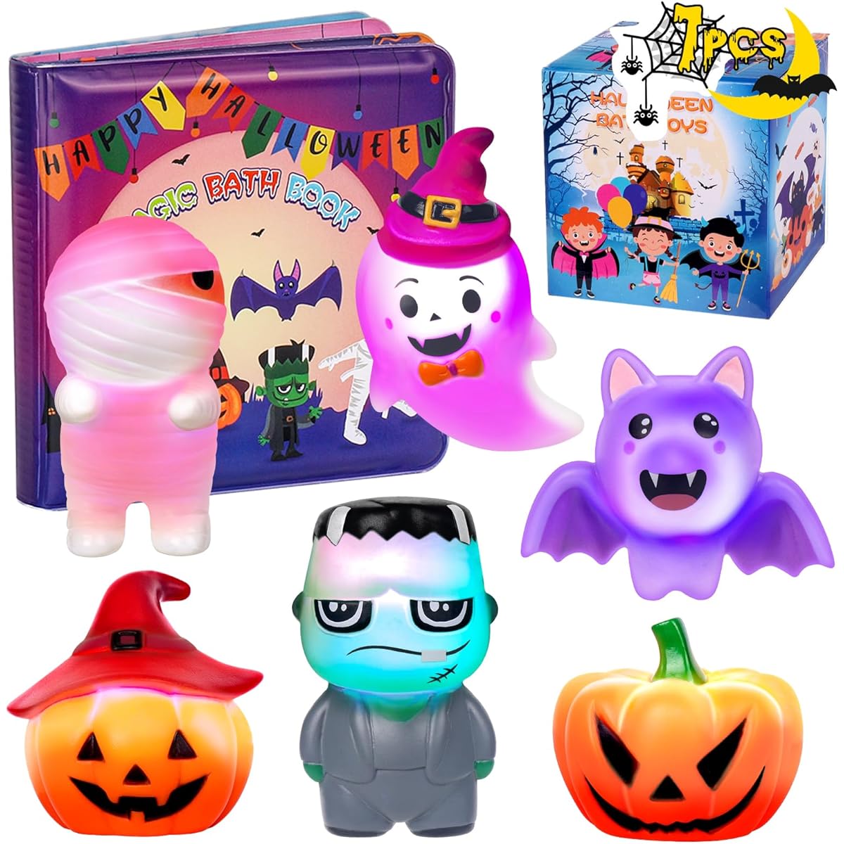 Halloween Light Up Bath Toys for Toddlers Kids Girls Babies No Holes Glow Up Bath Toys with Bath Book LED Light Bath Time Water Toys for Bathtub Bathroom Pool Toddlers Kids