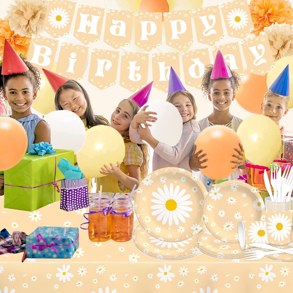 Daisy Birthday Decorations-88 Pieces Boho Daisy Theme Happy Birthday Flower Party Supplies Daisy Plates Decorations Kit for Girls