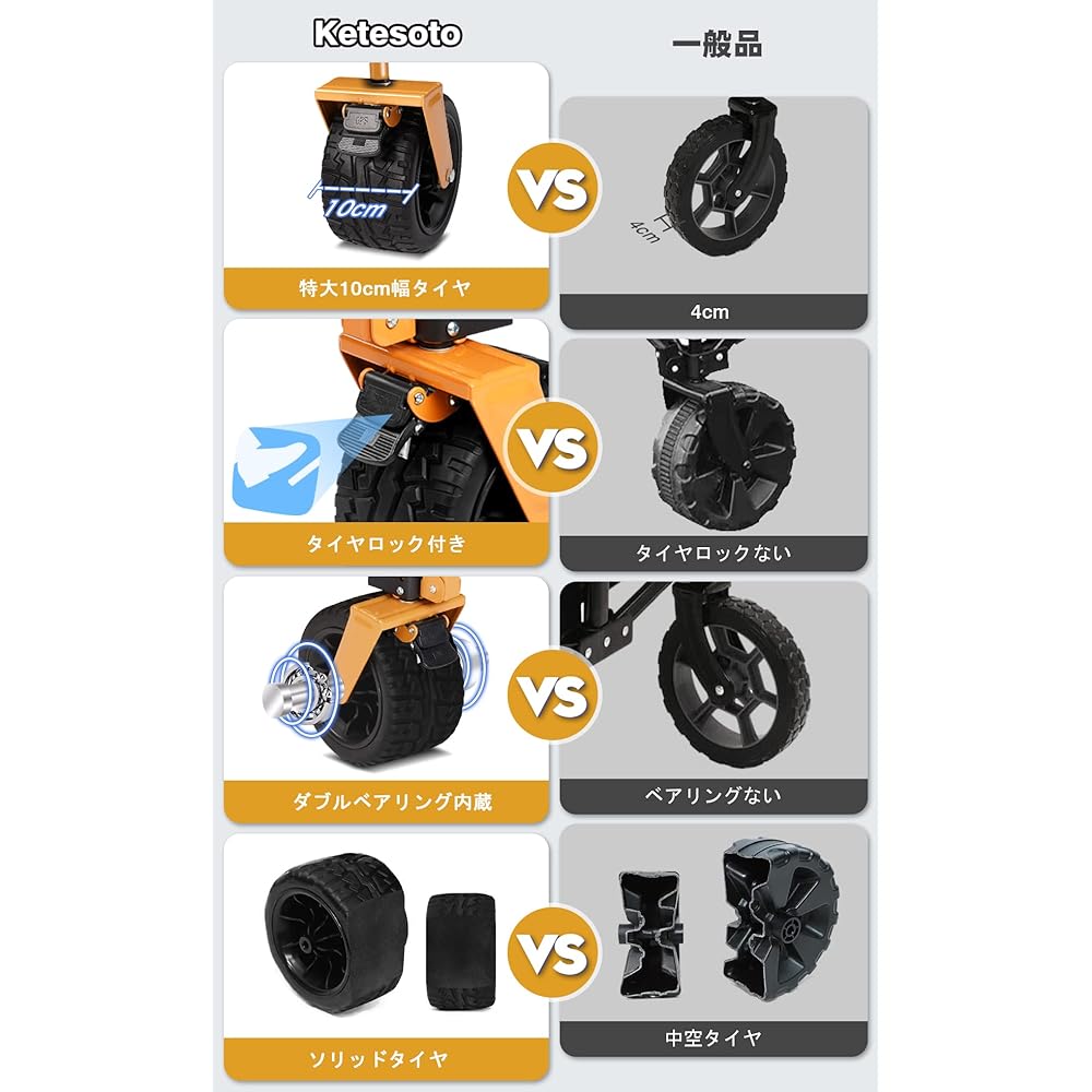 Kotesoto Carry Wagon, 10cm Wide Large Tire Cart, Outdoor, Compact Storage, Large Capacity 130L, Load Capacity 100kg, Camping, Folding, Handle Up to 108cm, Solid Tire, Leisure, Sports Day, Beach, Fishing, BBQ, Green