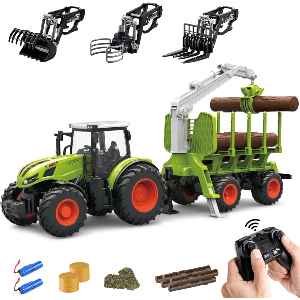 Leopmase Remote Control Tractor Farm Playset, 2.4Ghz Electronic RC Tractor with Trailer and Timber Truck, Farm Toy Set with Farm Timber Multifunction Header for Kids Ages 3 4 5 6