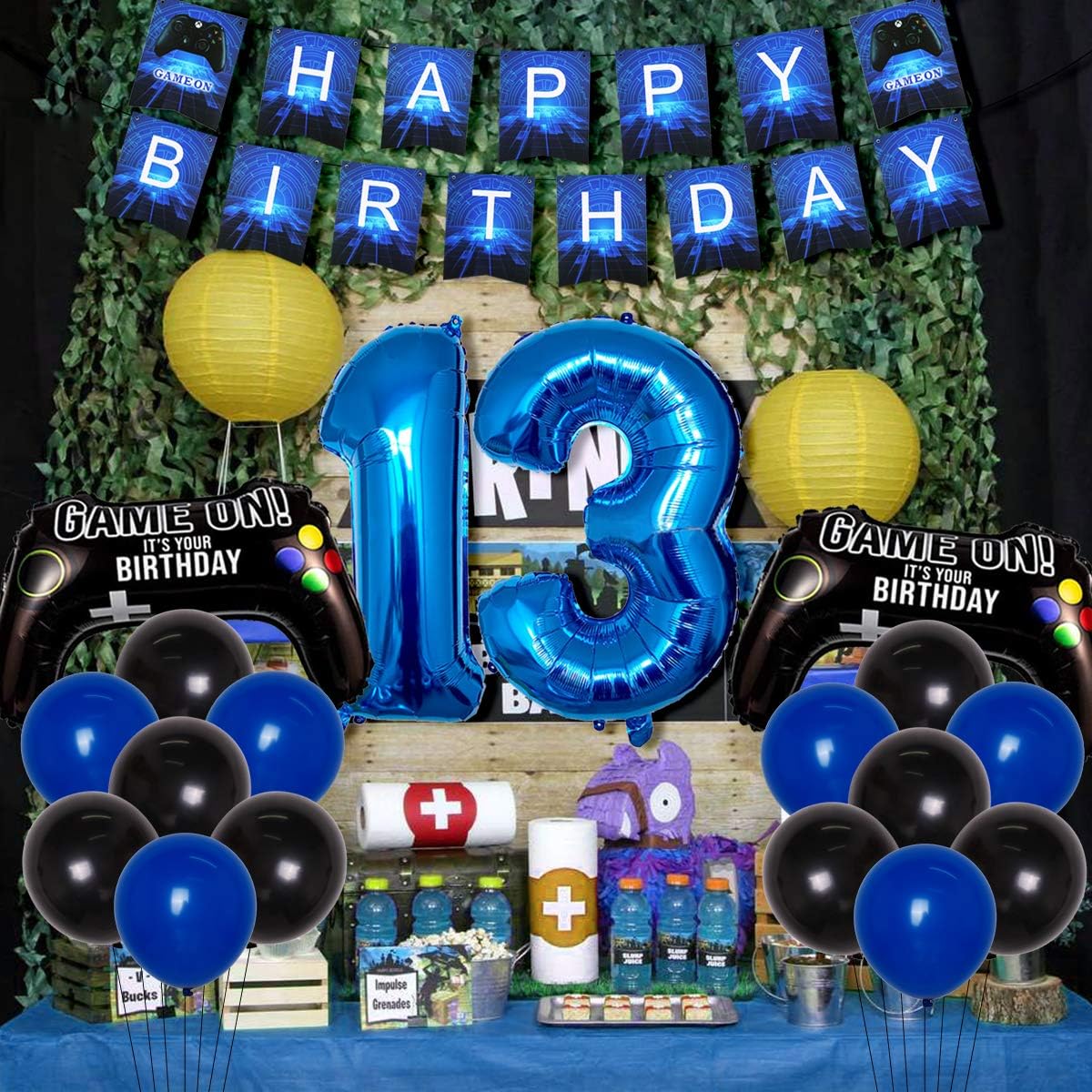 Video Game 13th Birthday Decorations, Games for Boys, Birthday Party Supplies, Blue Game, Happy Birthday Banner, Game Controller Balloons, Number 13 Foil Balloon