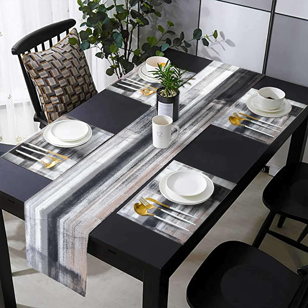 TQFZP Black and Gray Modern Table Runner and Placemats Set of 6 Abstract Black and White Gray Pink Linen Dining Mat Set Washable Ivory Table Decoration 90" Length