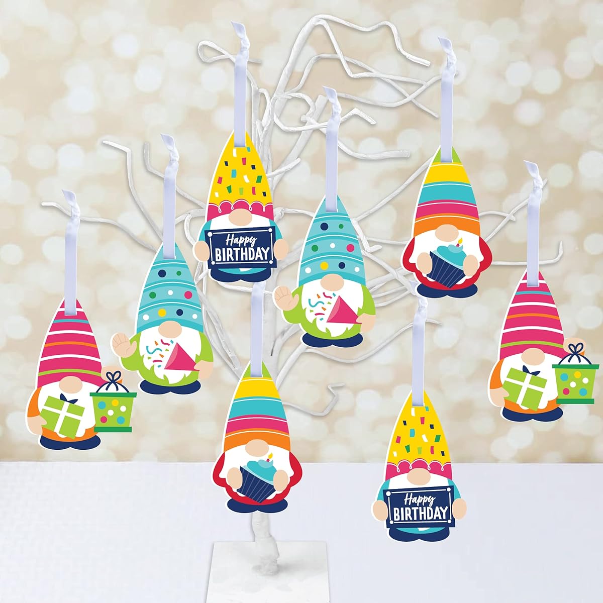 Big Dot of Happiness Gnome Birthday - Happy Birthday Decorations - Tree Ornaments - Set of 12