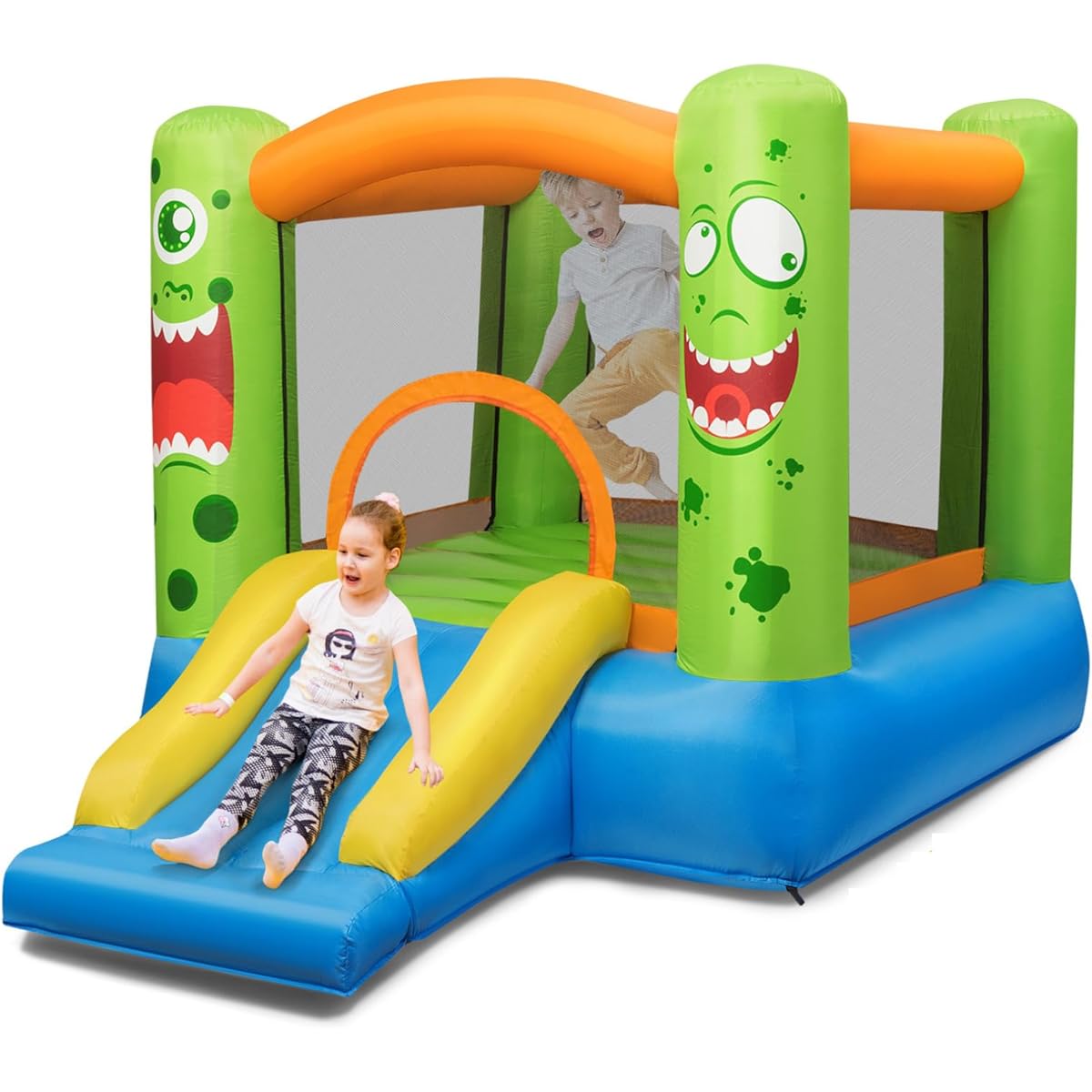 HONEY JOY Inflatable Bounce House, Inflatable Moon Bounce for Kids with Slide & Giant Bounce Area, Oxford Carry Bag, Stakes, Indoor Outdoor Jumping Bouncy Castle for Backyard Playground (No Blower)