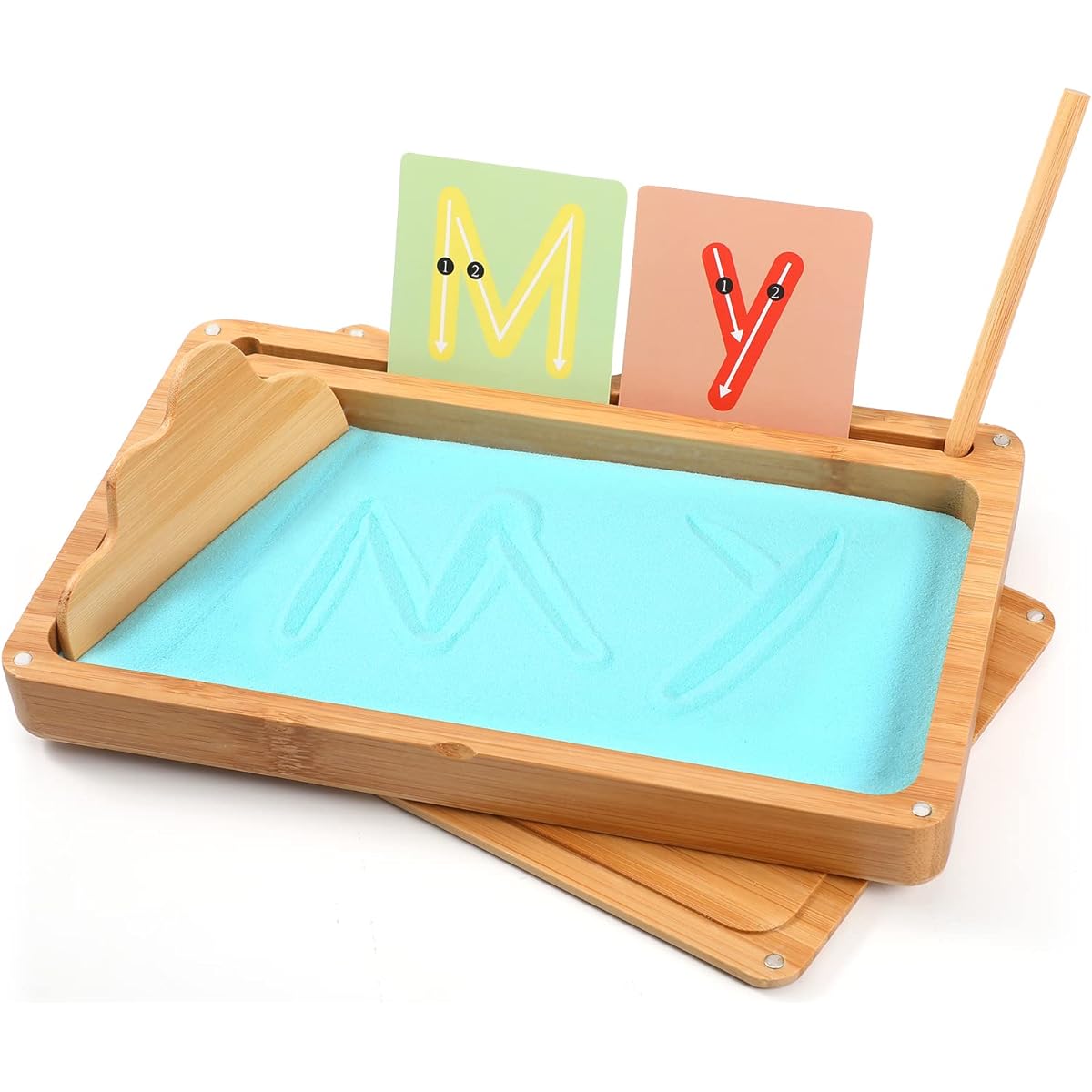 AtMini Classroom Sand Tray Montessori Sand Tray with Lid Wooden Sand Tray for Kids to Write Letters and Numbers (Blue)