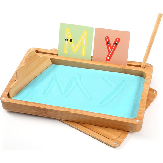 AtMini Classroom Sand Tray Montessori Sand Tray with Lid Wooden Sand Tray for Kids to Write Letters and Numbers (Blue)